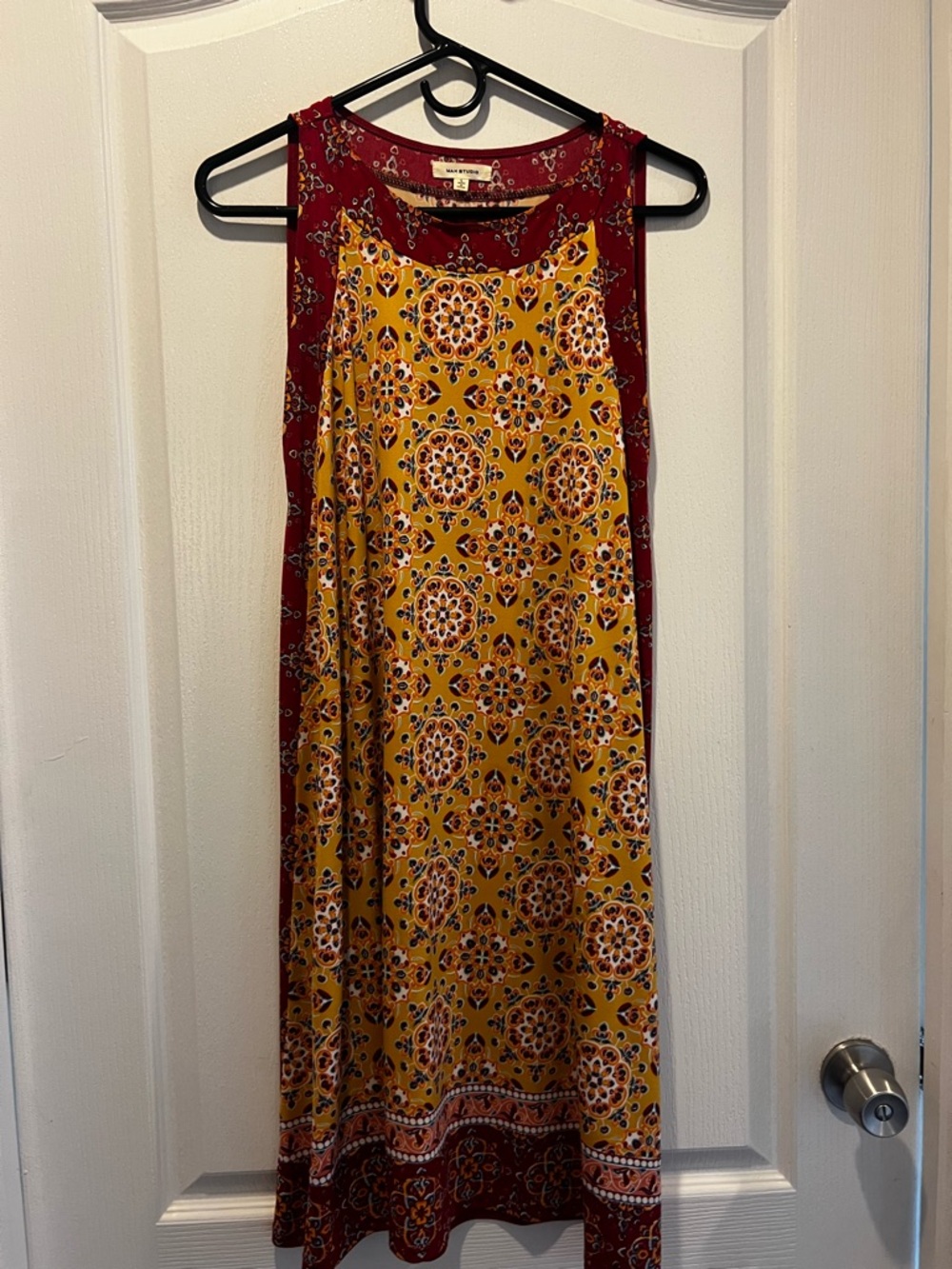 Max Studio Yellow and Burgundy Printed Sleeveless Midi Dress